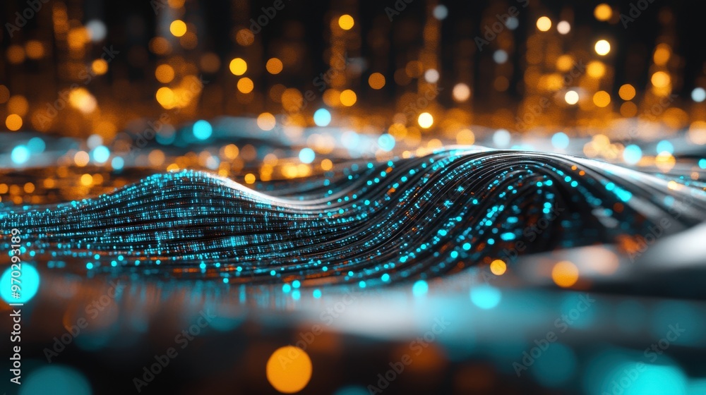 Poster flowing digital waves highlight glowing dots, creating a vibrant interaction of light in an abstract