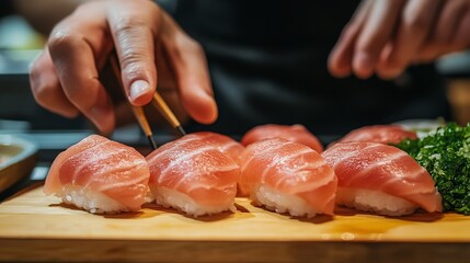 A chef presenting tuna nigiri sushi, highlighting a Japanese-style menu with a focus on maguro sushi.