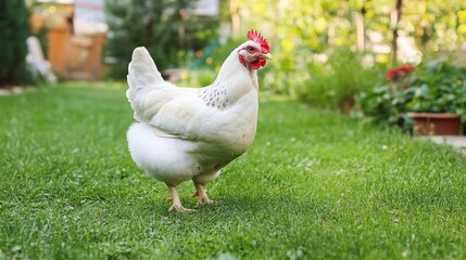 Fototapeta premium White Chicken Roaming in a Green Backyard, Highlighting the Natural Outdoor Setting and Rural Charm