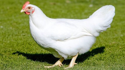 Fototapeta premium White Chicken Roaming in a Green Backyard, Highlighting the Natural Outdoor Setting and Rural Charm