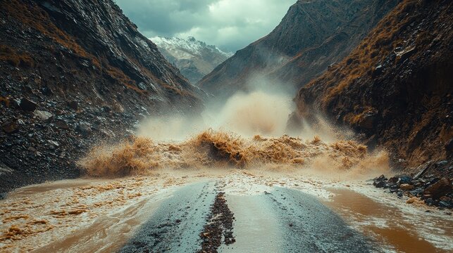 Muddy floodwater rushing through a mountain valley with steep rocky cliffs during a storm representing the destructive force of nature in rugged landscapes