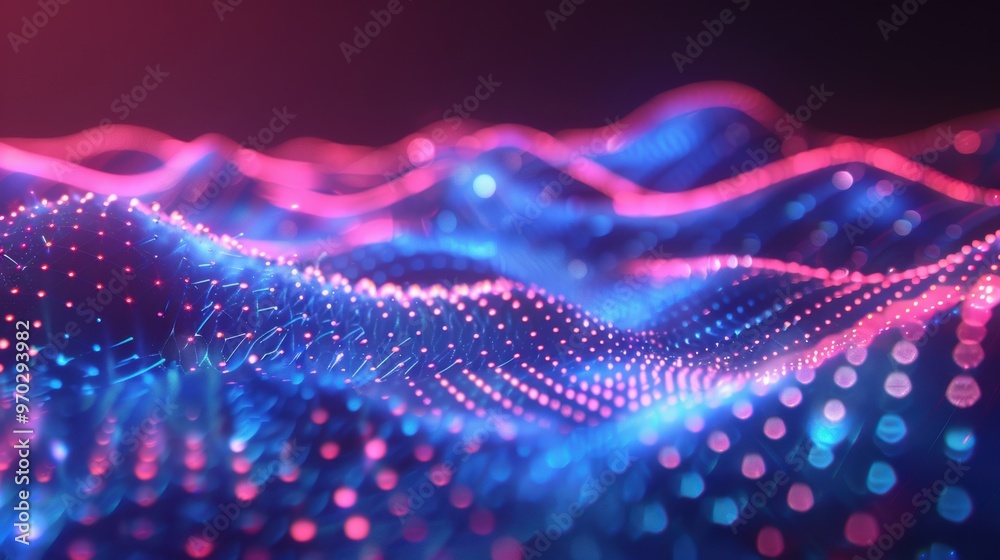 Poster glowing dots form undulating waves in a vivid abstract design, creating an enchanting visual effect 