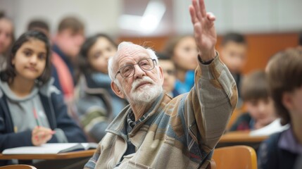 An elderly student is eager to contribute, raising his hand amidst a classroom of attentive young learners during their lesson