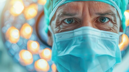 Surgeon focuses intently, wearing a mask and cap, in a lively operating room ready for a crucial surgical procedure