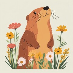 Marmot with flowers flat design, side view, spring theme, cartoon drawing, triadic color scheme