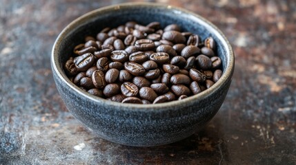 Fototapeta premium Bowl of roasted coffee beans on rustic