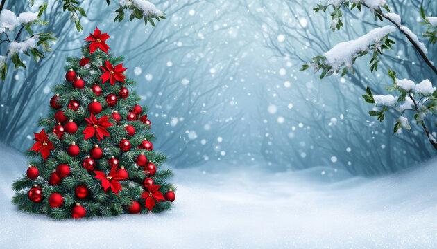 Snowy forest backdrop with a beautifully decorated Christmas tree as the focal point