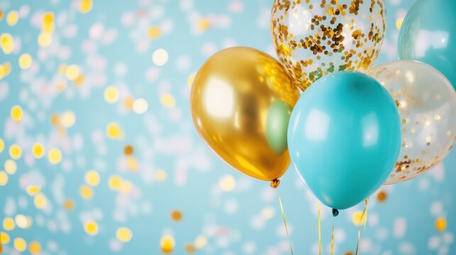 Bright blue and gold balloons filled with confetti float against a light backdrop, enhancing the celebratory mood at a joyful event
