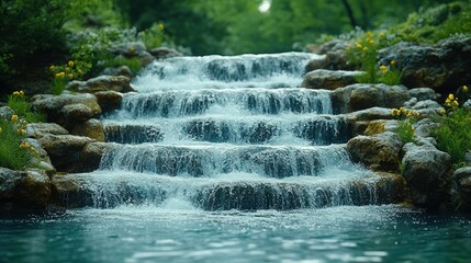 Obraz premium Cascading Waterfall Over Smooth Rocks in a Tranquil Forest Setting