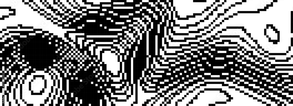 Poster dithered wavy curved line texture. black 8 bit pixel glitch background. binary digitalized distorted