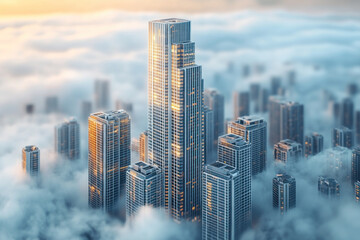 A stunning modern skyscraper rises above clouds, showcasing blend of glass and steel architecture. cityscape is enveloped in soft mist, creating serene atmosphere.