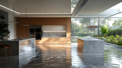 Flooded kitchen with a dramatic water splash, waterlogged cabinets, and countertops, perfect for illustrating home insurance scenarios
