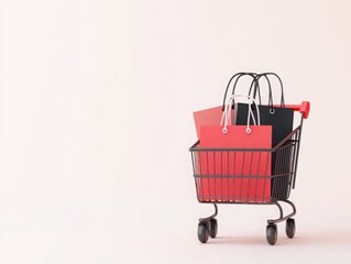 A shopping cart filled with Black Friday sale items, luxury brands, digital illustration, isolated on white background