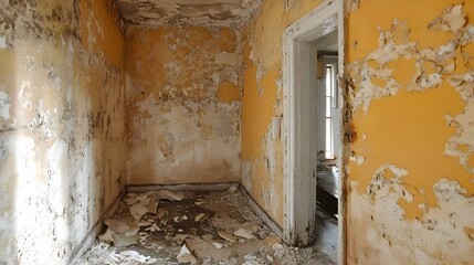 Focused shot of a dilapidated room, walls suffering from water intrusion, peeling layers of paint and thick mold formations, insurance documentation imagery