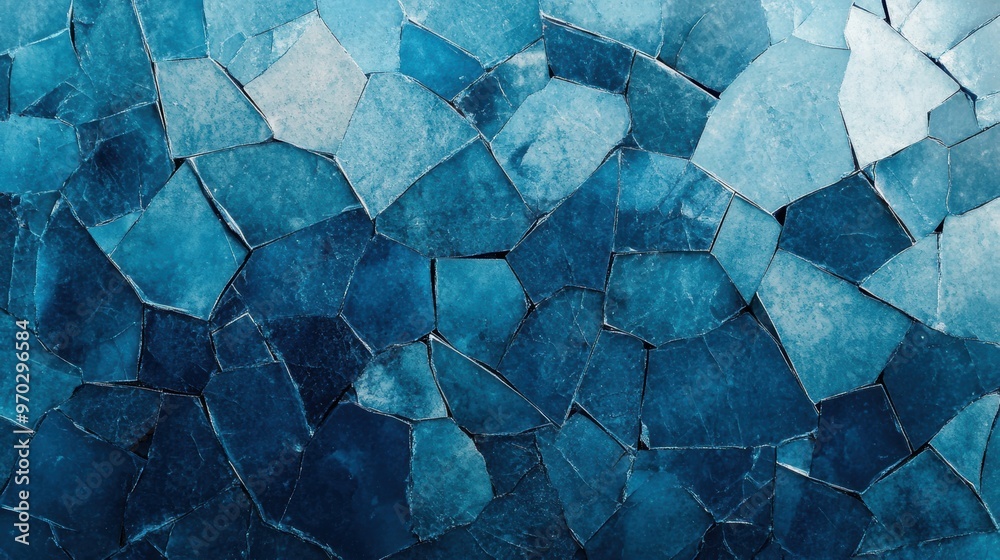 Poster shattered blue pieces showcase intriguing patterns and textures, reflecting light and creating depth