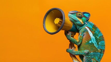 Vibrant Chameleon Shouting into a Megaphone: Creative Announcement Concept Featuring a Playful Mix of Wildlife Against a Solid Orange Background