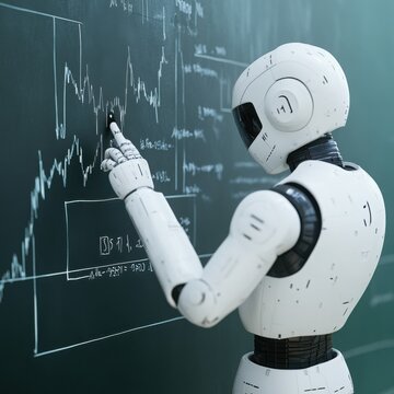 Robot arm writing trading algorithms on a virtual blackboard, [programming], [algorithm creation for automated trading]