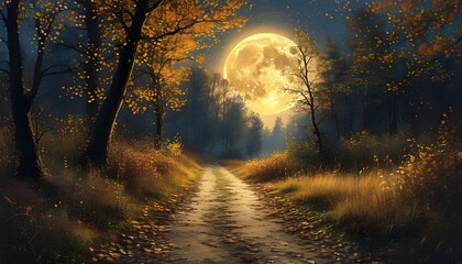 Tranquil evening stroll through a wooded path illuminated by a large golden moon amidst autumn foliage