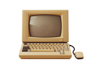 A vintage computer setup featuring an old monitor, keyboard on white background