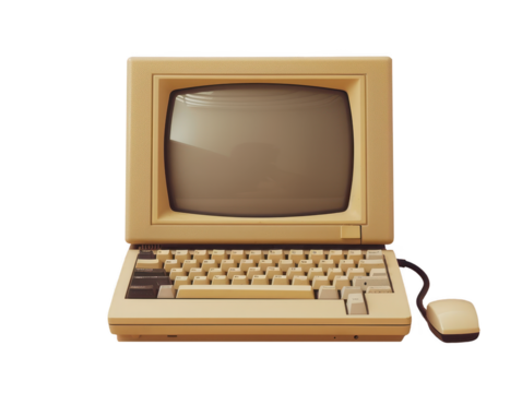 A vintage computer setup featuring an old monitor, keyboard on white background