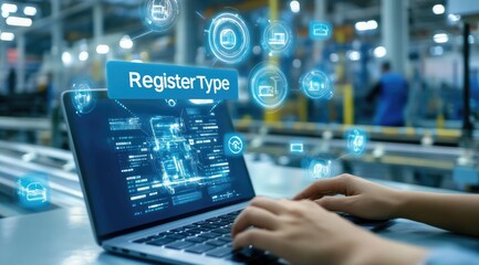 A person uses a laptop computer in a factory setting to access a digital interface with the words 'Register Type' displayed.