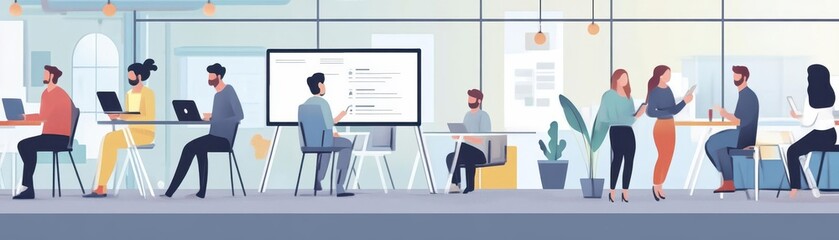 Group of entrepreneurs working on a business plan in a coworking space, startup collaboration