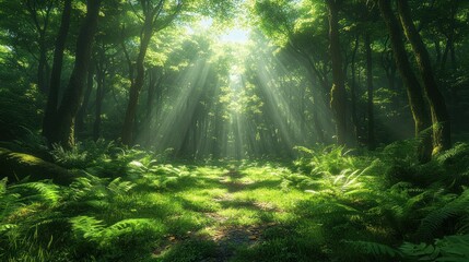 Obraz premium Sunbeams Illuminating a Path Through a Lush Green Forest