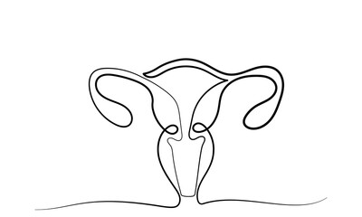 Continuous line drawing of women's Uterus and Ovary. One line Female reproductive system uterus vector illustration isolated on white background.