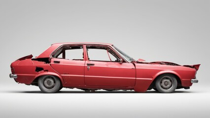 Fototapeta premium Damaged red car side view isolated background