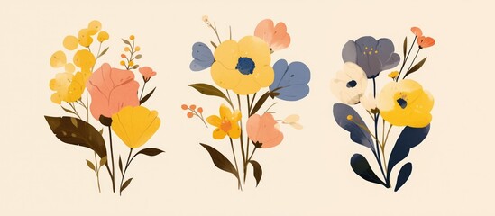 Three Beautiful Watercolor Flower Blooms With Leaves