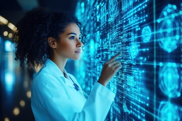 Decoding the Future: A brilliant scientist interacts with a luminous data visualization, her focused expression reflecting the pursuit of scientific breakthroughs. 