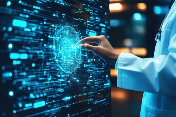 Doctor Interacting with Digital Brain: A healthcare professional in a white coat interacts with a digital brain interface, representing the convergence of technology and medicine in a futuristic medic
