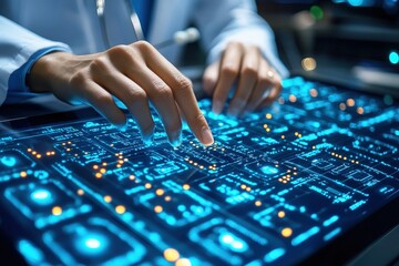 Fototapeta premium Navigating the Digital Anatomy: A doctor's hands interact with a futuristic, glowing blue anatomical map, embodying the cutting edge of medical technology. 