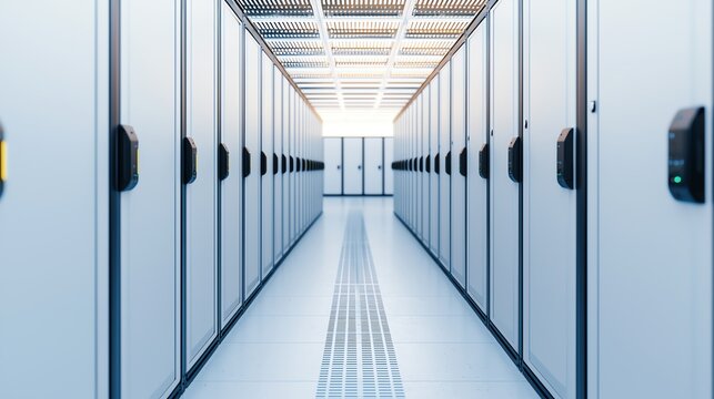 Modern data center aisle with rows of secure server cabinets under bright lights, showcasing advanced technology and organization.