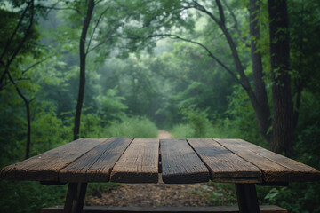 Naklejka premium Empty wooden table with a scenic view of a mist-covered forest in the mountains during a tranquil morning.