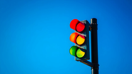 A close-up of a traffic light pole against a bright blue sky, vivid colors of red, yellow, and green shining brightly, creating a sharp contrast with the clear backdrop