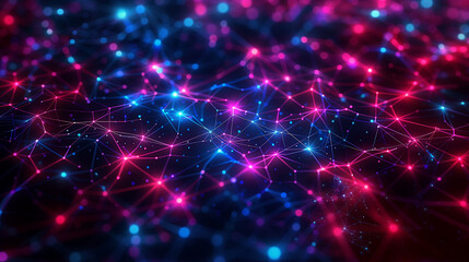 Obraz premium Interconnected network with nodes and lines in blue and pink hues against a dark background. Futuristic neon abstract background