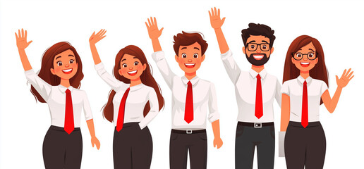 Business team group with diverse people in suits with documents standing, smiling and waving hand. Cartoon vector illustration of male and female corporate coworkers characters community together.
