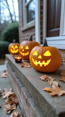 Row of glowing Halloween pumpkin lanterns on doorstep surrounded by fallen autumn leaves casting warm festive glow. Holiday decoration concept