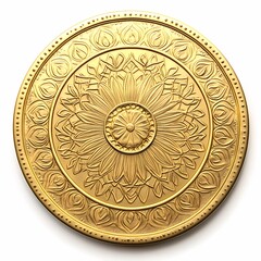 Naklejka premium Ornate Golden Medallion: A visually stunning, intricately detailed golden medallion with a mesmerizing floral pattern, symbolizing wealth, prosperity, and achievement. The intricate design adds a touc