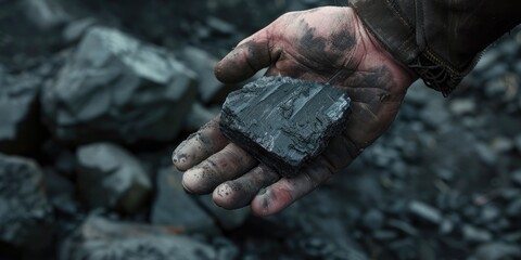 A lone coal nugget grasped in the left hand at the coal mine site