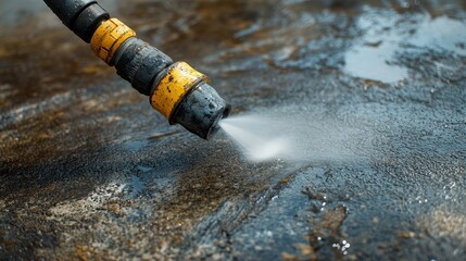 High-pressure water hose cleaning rough concrete, revealing a pristine surface, HDR rendering, hyper-realistic, vivid colors, sharp contrast between clean and dirty sections, wide-angle perspective
