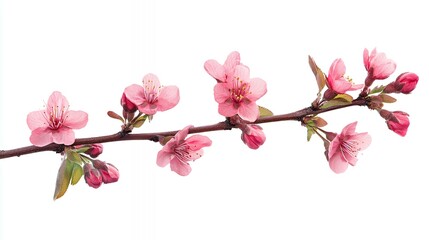 Delicate pink blossoms with green leaves on a branch isolated on a white background.