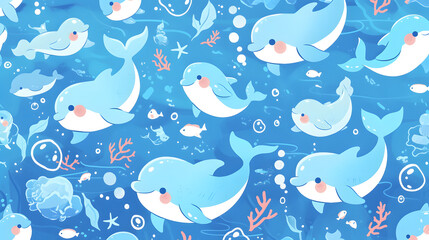 Cute cartoon dolphins with sea bubbles and corals, ocean animal themed, blue seamless wallpaper and background. for material, fabric pattern