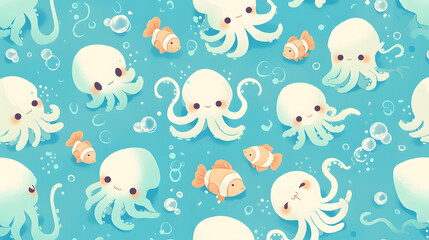 Cute cartoon Octopus and clownfish with sea bubbles, ocean animal themed, blue seamless wallpaper and background. for material, fabric pattern