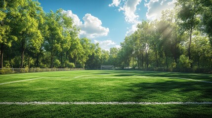 Fototapeta premium Lush Green Soccer Field Surrounded by Trees Under a Sunny Sky