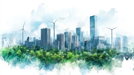 Obraz premium Urban landscape, wind turbines blending with modern buildings, sustainable energy theme, Watercolor style