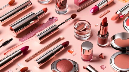 Clear and sharp flat lay of makeup products with a focus on lipsticks and lip glosses