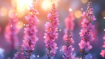 Obraz premium Delicate Pink Flowers with Sparkling Lights in a Soft, Blurred Background