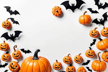 A spooky Halloween pumpkin frame with a carved pumpkins and bats, in an white background